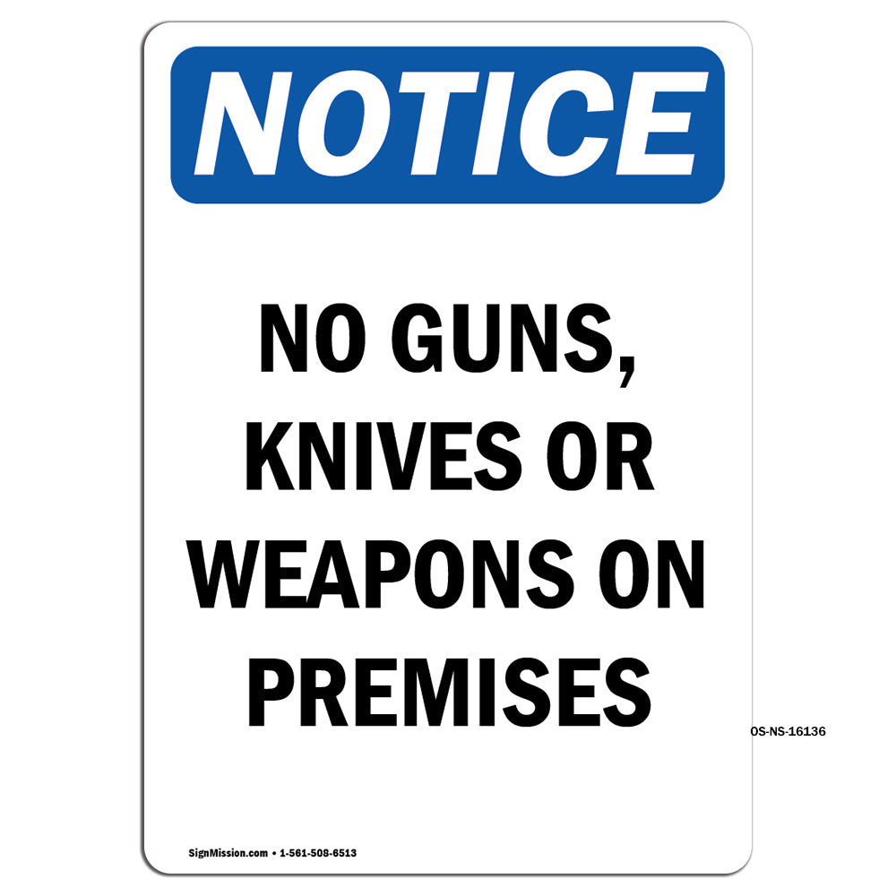 NOTICE No Guns, Knives Or Weapons On Premises