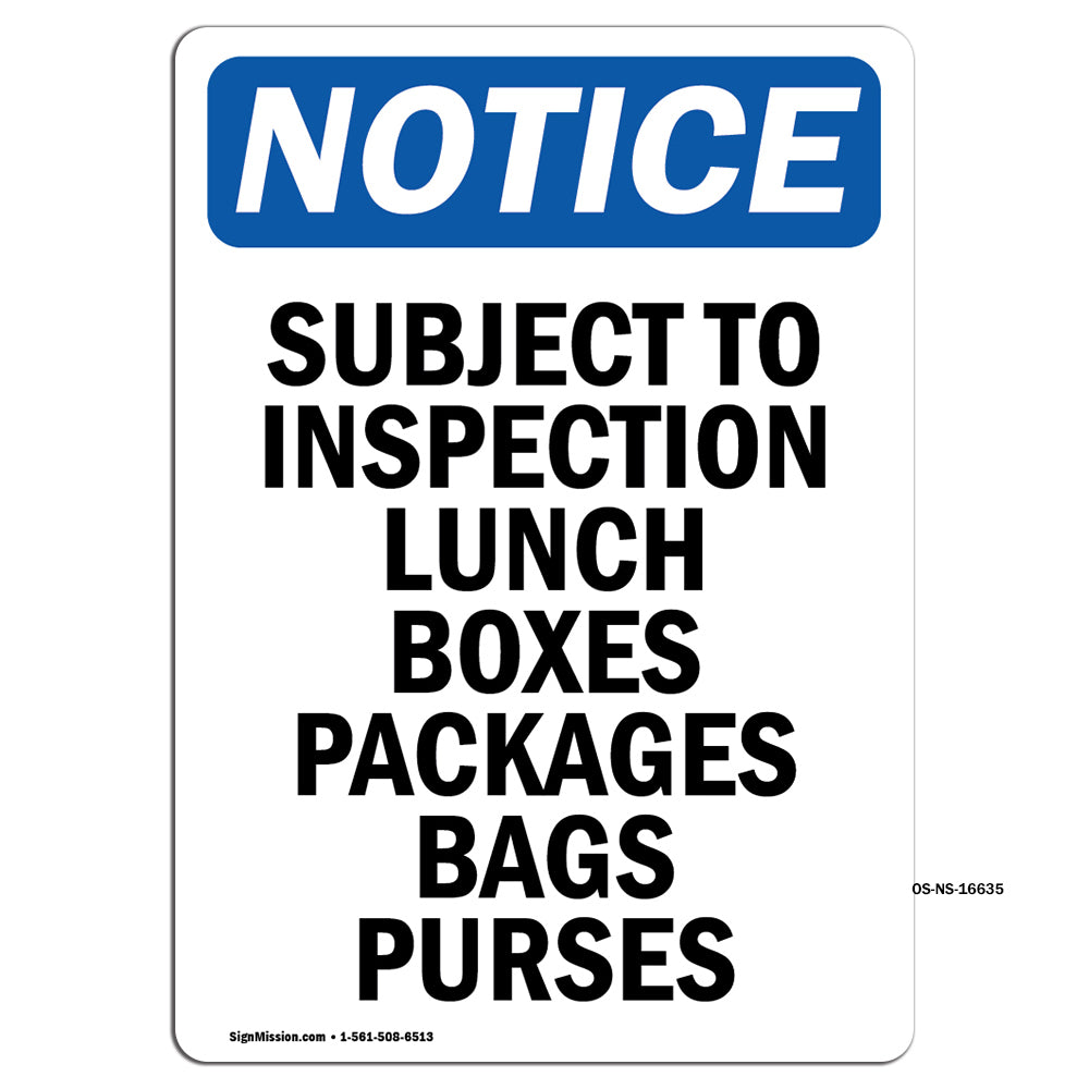 NOTICE Subject To Inspection Lunch Bags Purses