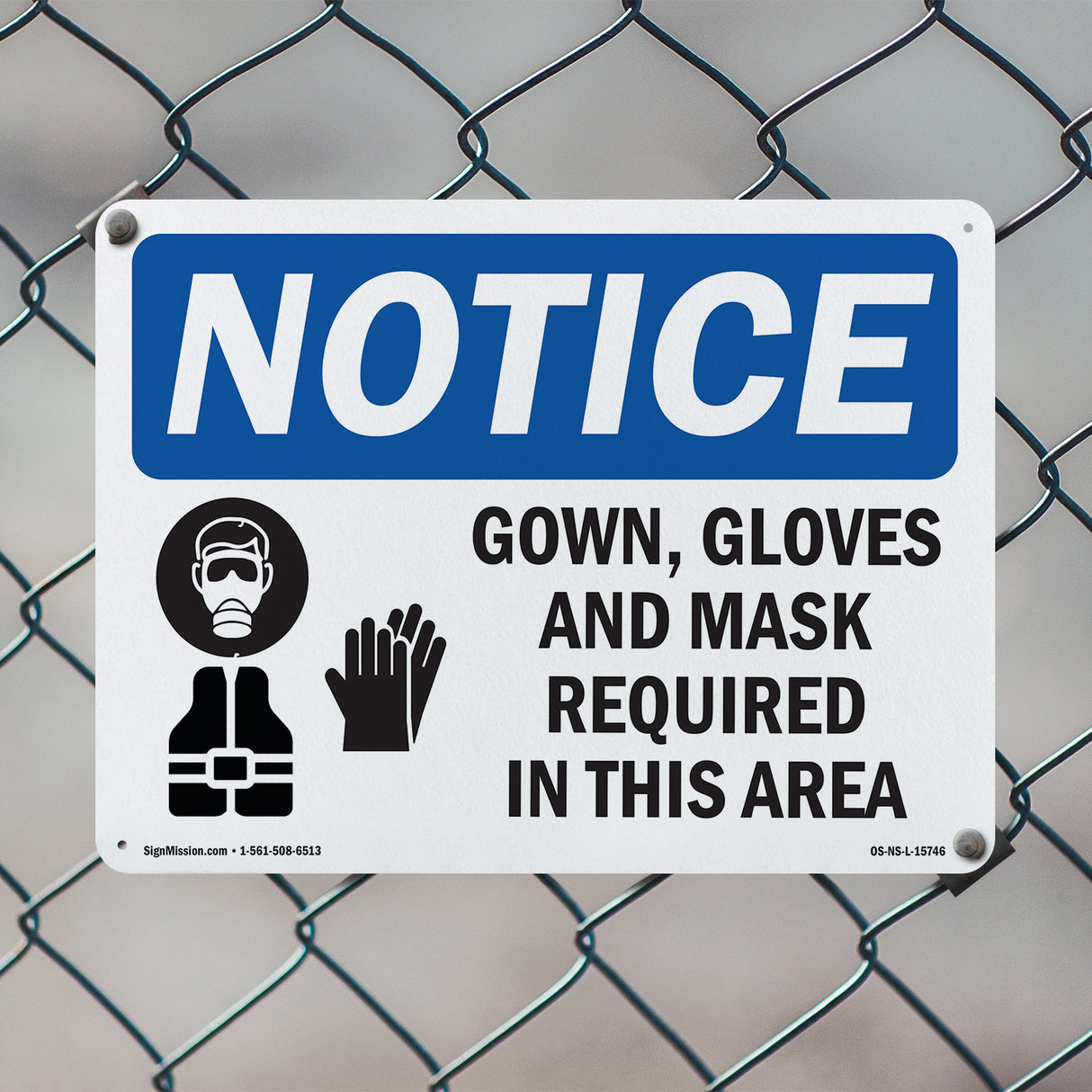 NOTICE Gown, Gloves And Mask Required In This Room Sign