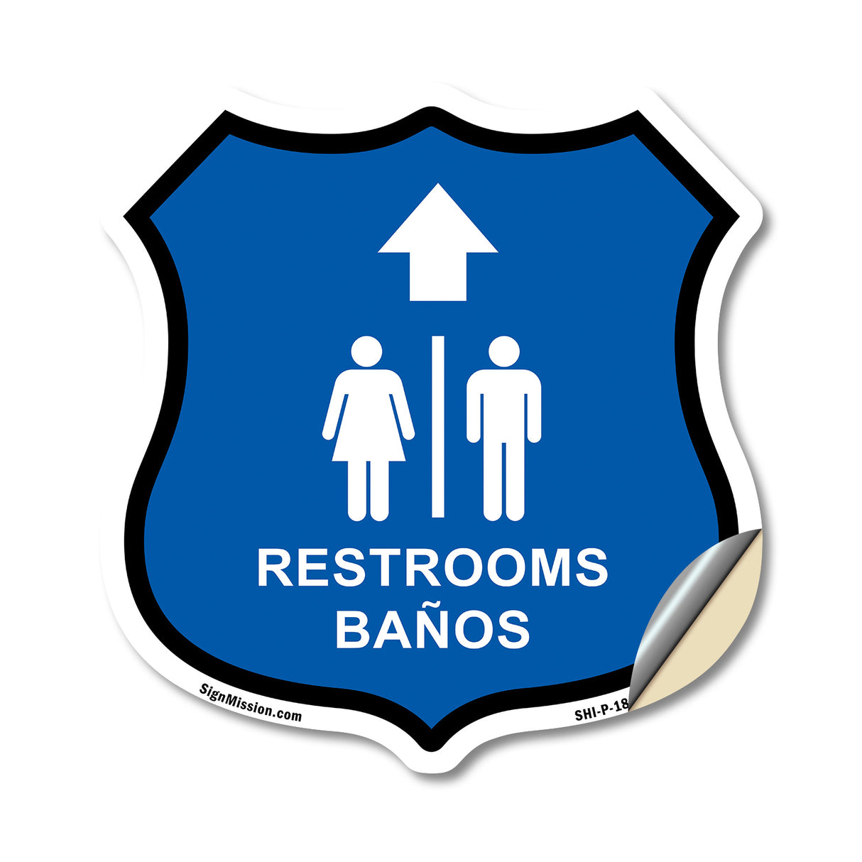 Restrooms Baños Up Arrow Bilingual English / Spanish