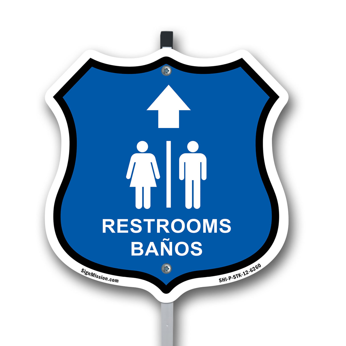 Restrooms Baños Up Arrow Bilingual English / Spanish