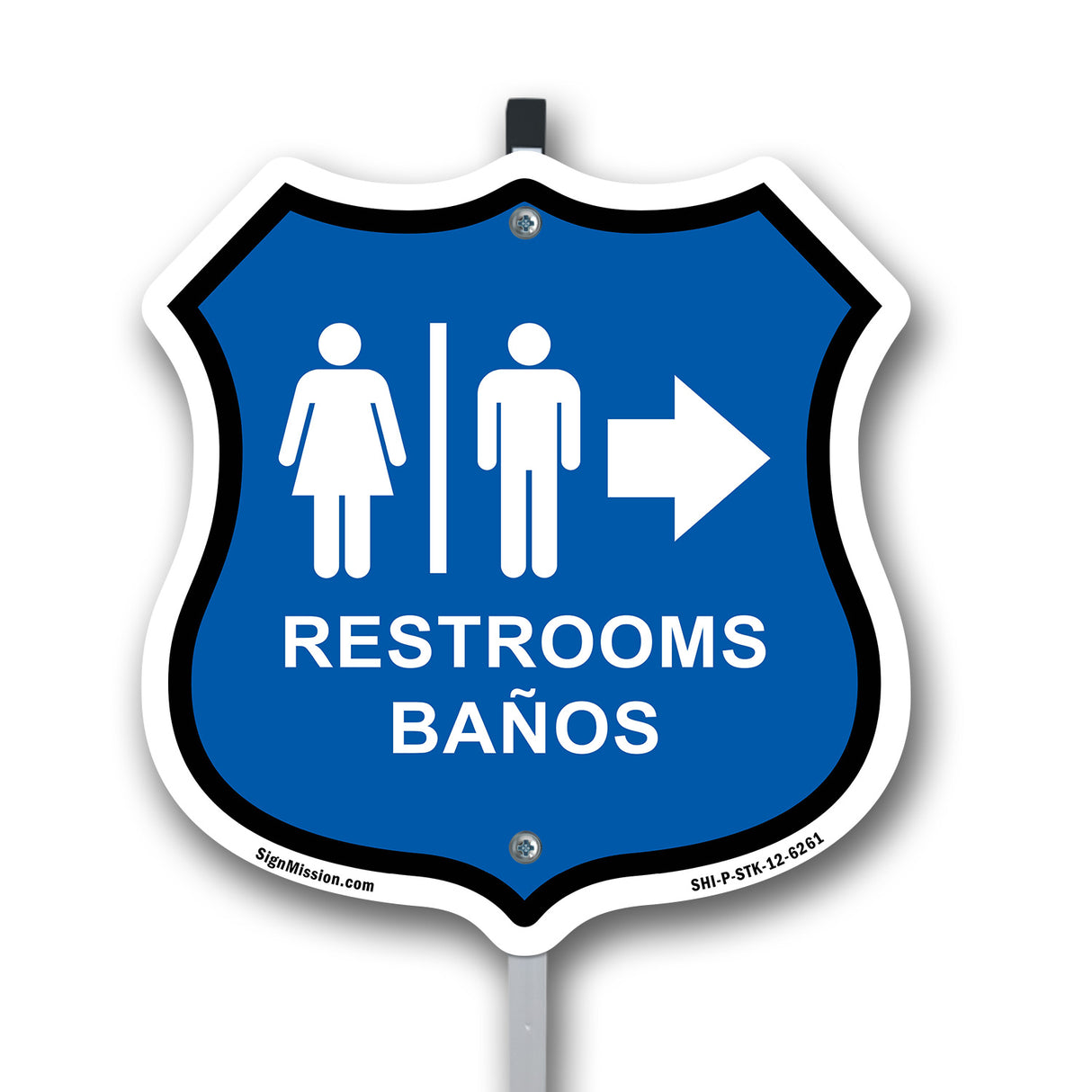 Restrooms Baños Right Arrow Bilingual English / Spanish