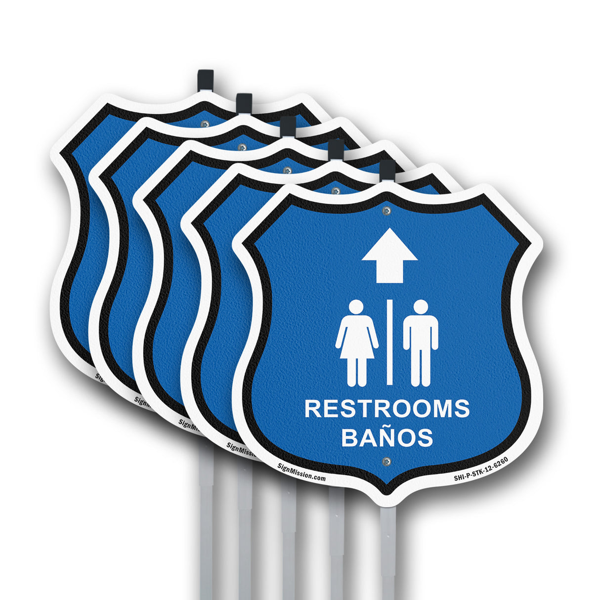 Restrooms Baños Up Arrow Bilingual English / Spanish