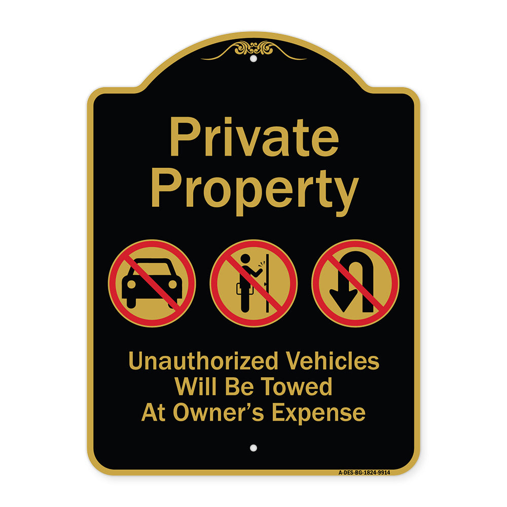 Private Property Unauthorized Vehicles Towed No Cars No Solicitors No Turn Around Symbols