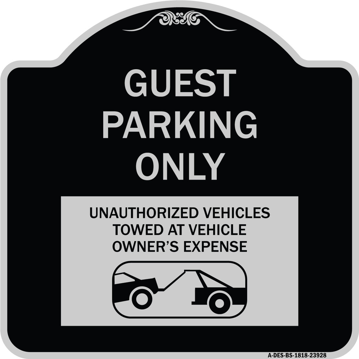 Guest Parking Only Unauthorized Vehicles Towed at Owner Expense with Graphic