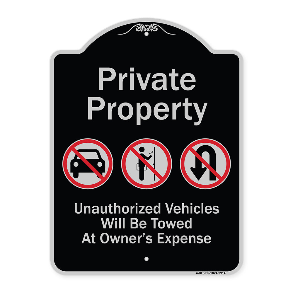 Private Property Unauthorized Vehicles Towed No Cars No Solicitors No Turn Around Symbols