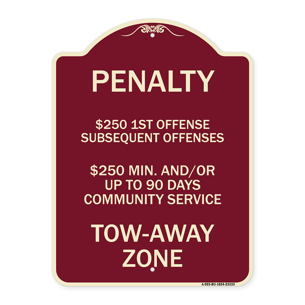 Penalty $250 1st Offense Subsequent Offenses $250 Min. and or Up to 90 Days Community Service Tow-Away Zone