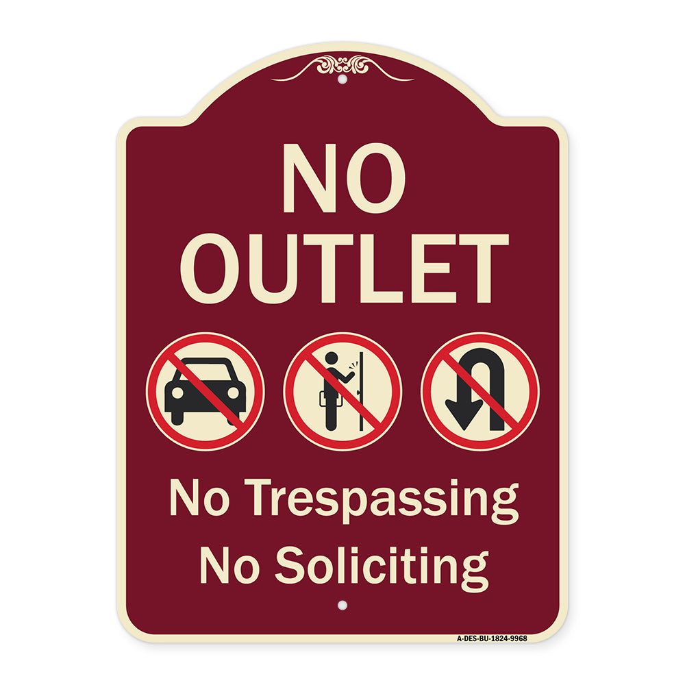 No Outlet No Trespassing Or Soliciting With No Car And No U-turn Symbols