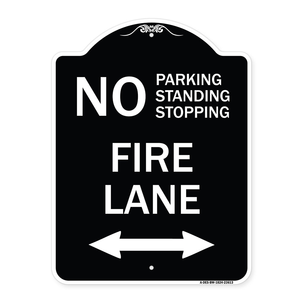 No Parking Standing or Stopping Fire Lane with Bidirectional Arrow