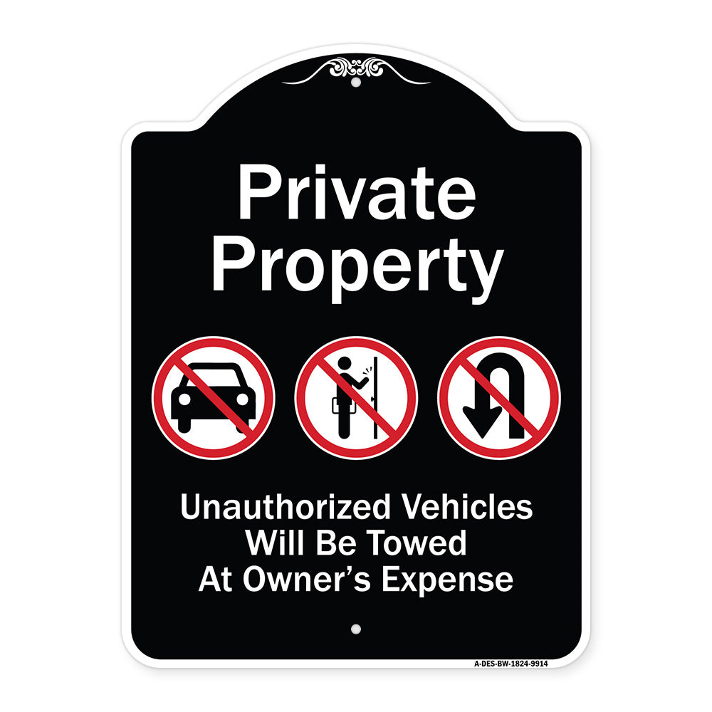 Private Property Unauthorized Vehicles Towed No Cars No Solicitors No Turn Around Symbols