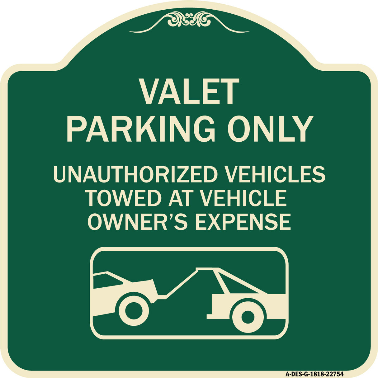 Valet Parking Only Unauthorized Vehicles Towed at Owner Expense with Graphic