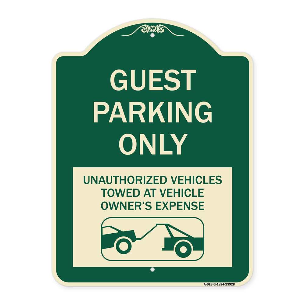 Guest Parking Only Unauthorized Vehicles Towed at Owner Expense with Graphic