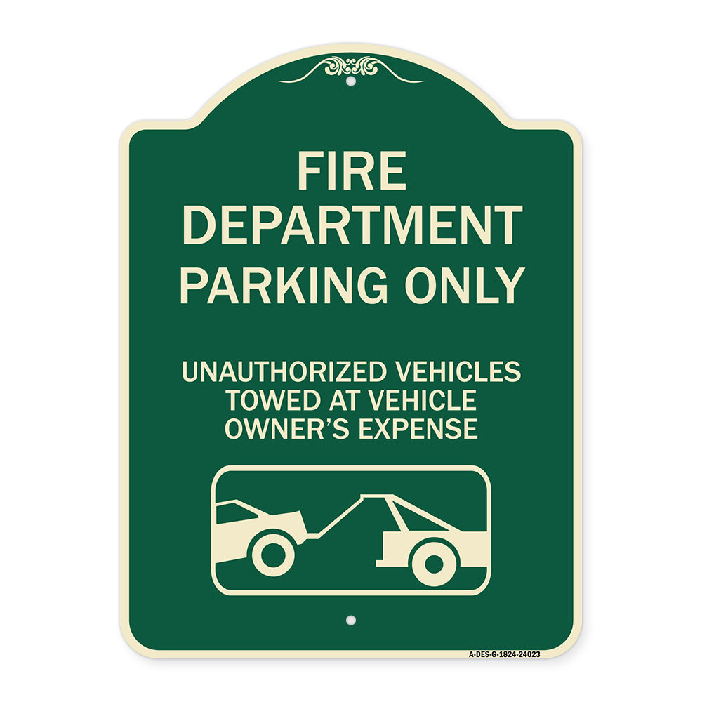 Fire Department Parking Only Unauthorized Vehicles Towed at Owner Expense with Graphic