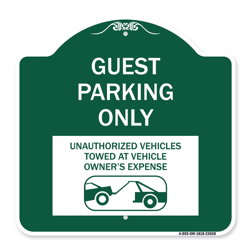 Guest Parking Only Unauthorized Vehicles Towed at Owner Expense with Graphic