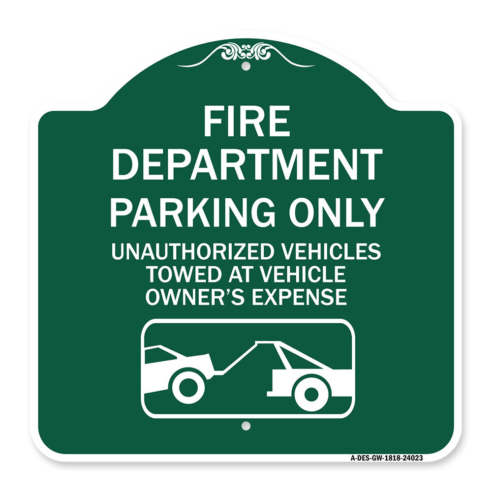 Fire Department Parking Only Unauthorized Vehicles Towed at Owner Expense with Graphic