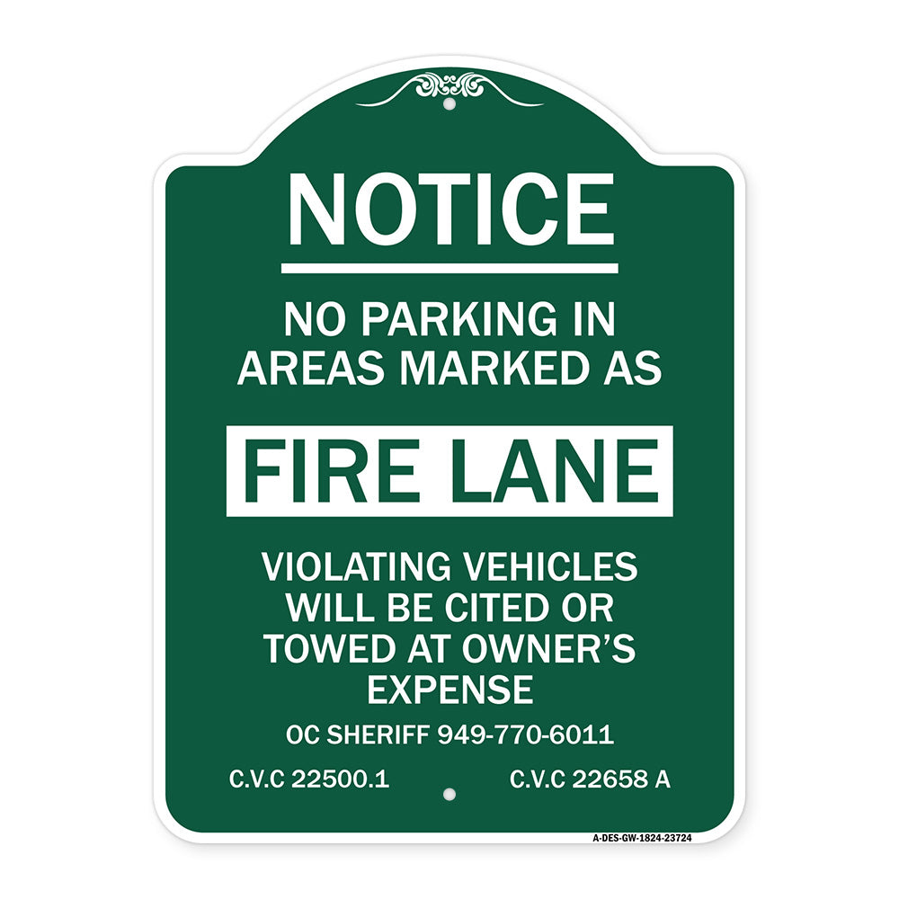 No Parking in Areas Marked as Fire Lane CVC Section 22500.1 and 22658 A