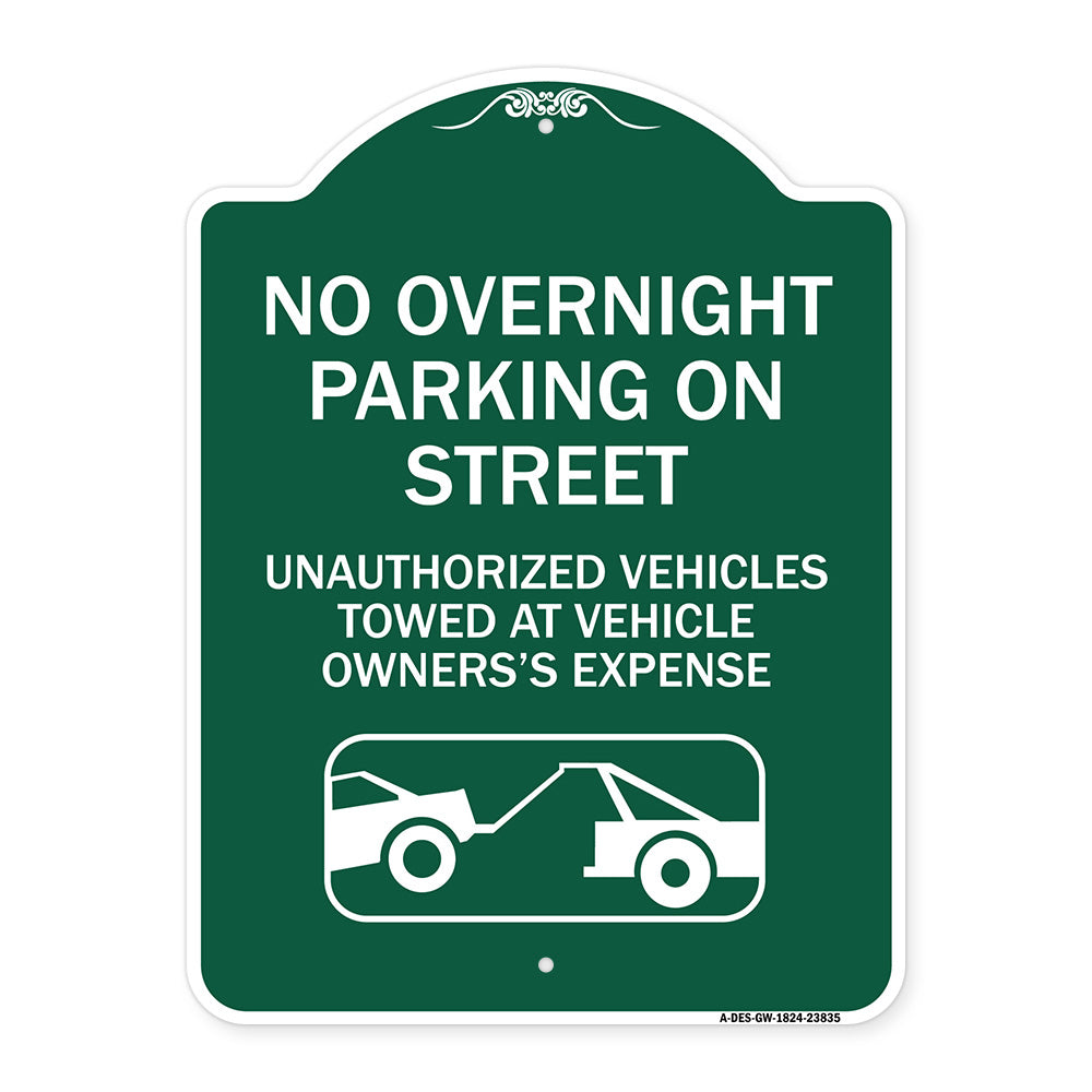 No Overnight Parking on Street Unauthorized Vehicles Towed at Vehicle Owner's Expense (With Car Tow Graphic)