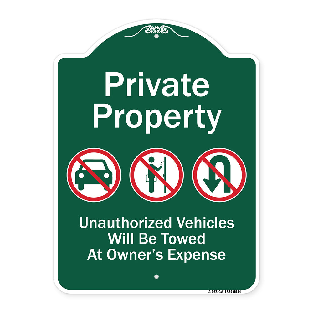 Private Property Unauthorized Vehicles Towed No Cars No Solicitors No Turn Around Symbols