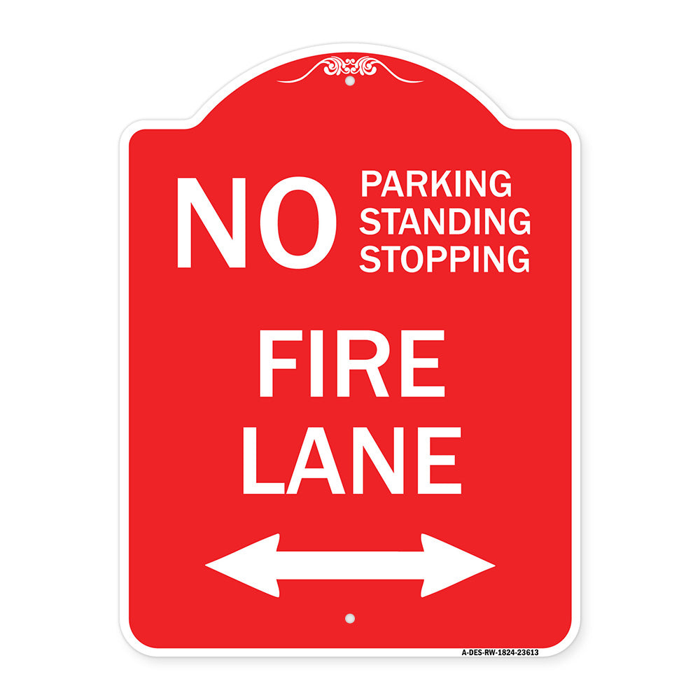 No Parking Standing or Stopping Fire Lane with Bidirectional Arrow