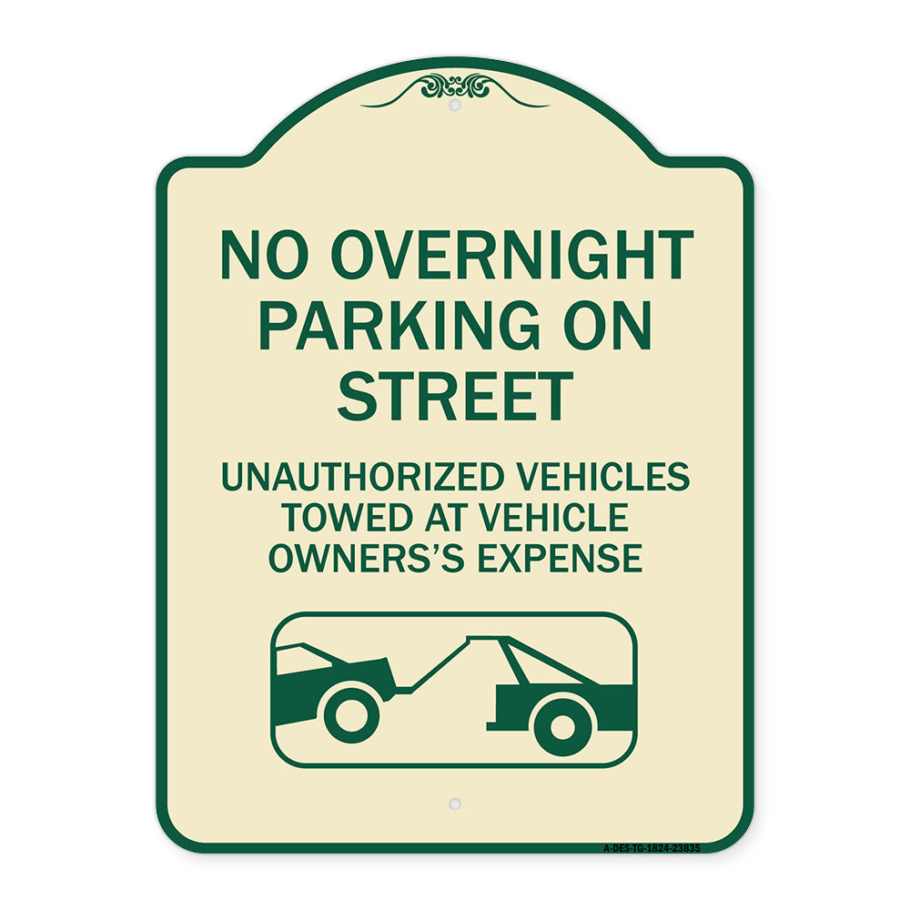 No Overnight Parking on Street Unauthorized Vehicles Towed at Vehicle Owner's Expense (With Car Tow Graphic)