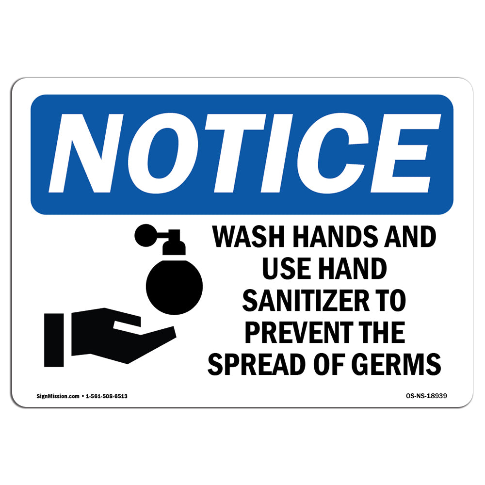 Wash Hands And Use Hand Sanitizer Sign With Symbol