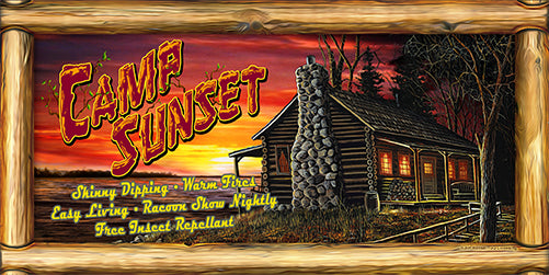 Camp Sunset Skinny Dipping Warm Fires Racoon Show Novelty Sign