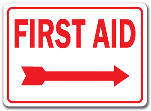 First Aid with Right Arrow Sign (red on white)