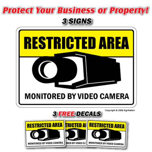 RESTRICTED AREA 3 Signs & 3 Free Decals security camera 24 Hour protection