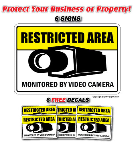 RESTRICTED AREA Security Sign ~6 Signs & 6 Free Decals~ 24 Hour protection