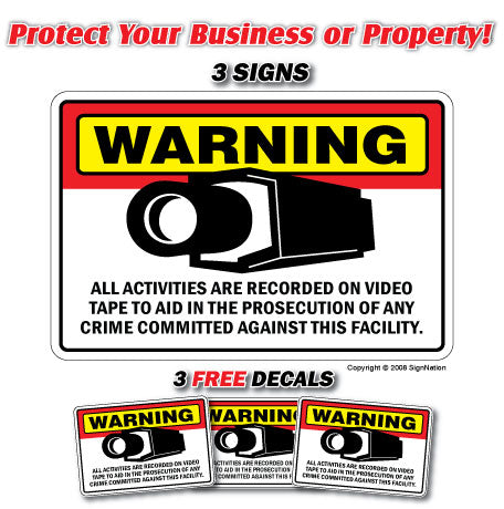 SECURITY CAMERA ~3 Signs & 3 Free Decals~ alarm signs