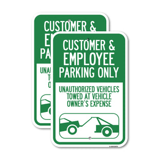 Parking Restriction Sign Customer and Employee Parking Only, Unauthorized Vehicles Towed at Owner Expense with Graphic