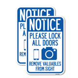 Notice Please Lock All Doors Remove Valuable from Sight (With Cell Phone and Camera Graphic