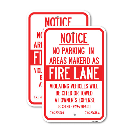 No Parking in Areas Marked as Fire Lane, CVC Section 22500.1 and 22658 A