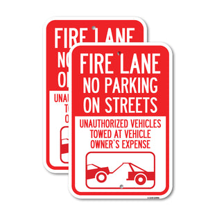 Fire Lane No Parking on Street Unauthorized Vehicles Towed at Vehicle Owner's Expense (With Car Tow Graphic)