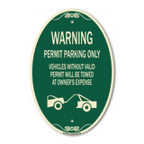 Warning Permit Parking Only Vehicles Without Permits Will Be Towed at Owner's Expense (Tow Truck Symbol)
