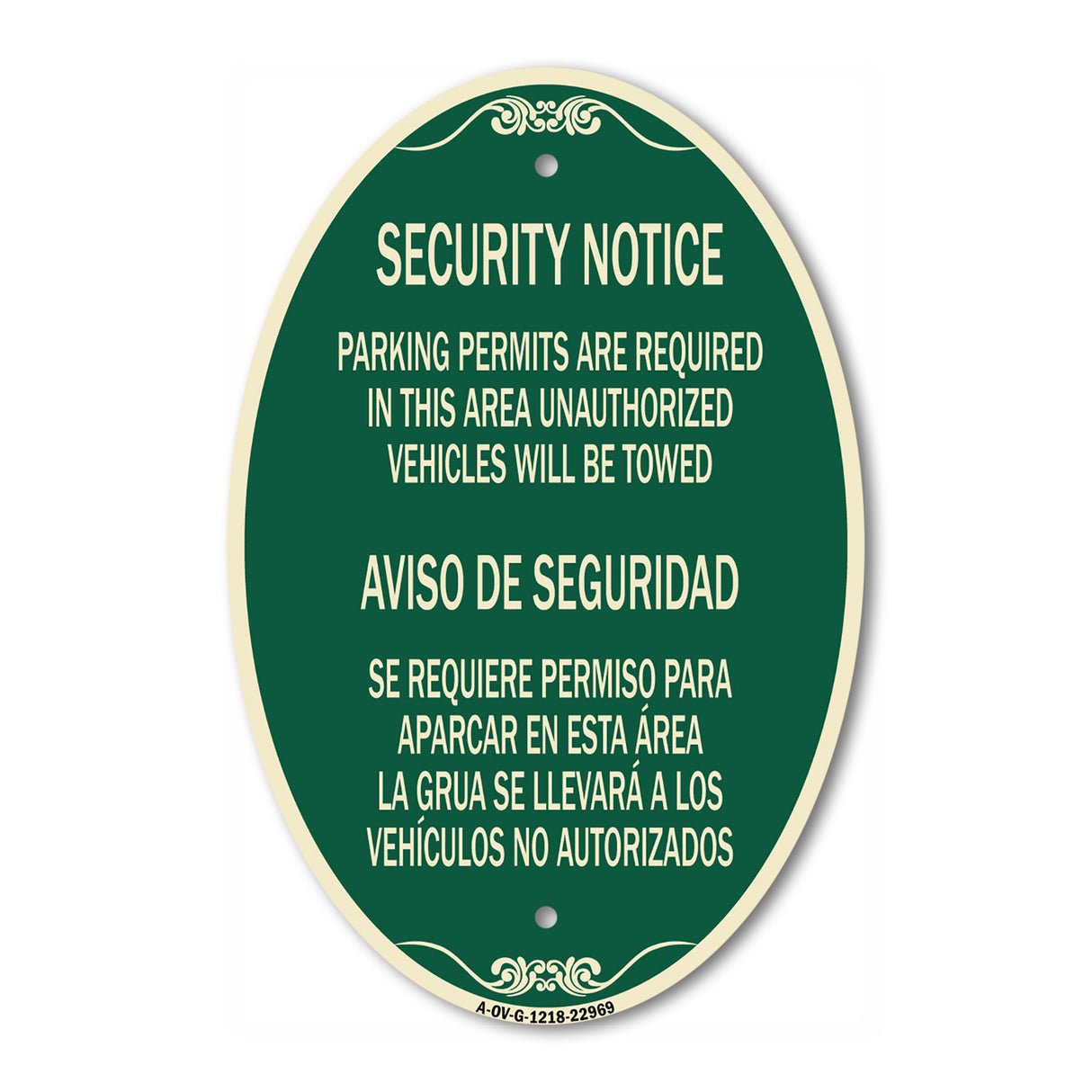 SignMission Designer Oval Sign - Parking Permits Are Required in This Area Unauthorized Vehicles Will Be Towed Aviso De Seguridad - Se Requiere Permiso Para Aparcar