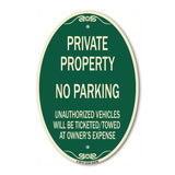 SignMission Designer Oval Sign - Private Property No Parking Unauthorized Vehicles Will Be Ticketed Towed at Owner's Expense (Reflective Aluminum)
