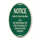 Notice - Park at Your Own Risk H.O.A. Not Responsible for Theft or Damage to Vehicles or Their Contents
