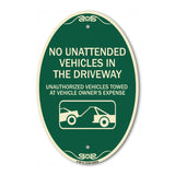 SignMission Designer Oval Sign - No Unattended Vehicles in the Driveway Unauthorized Vehicles Towed at Vehicle Owner's Expense (With Car Tow Graphic)