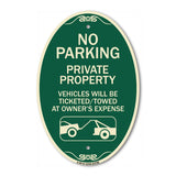 No Parking - Private Property Vehicles Will Be Ticketed Towed at Owner's Expense (With Car Tow Graphic)