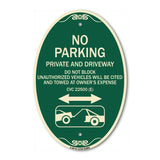 SignMission Designer Oval Sign - No Parking - Private and Active Driveway Do Not Block Unauthorized Vehicles Will Be Cited and Towed at Owner's Expense