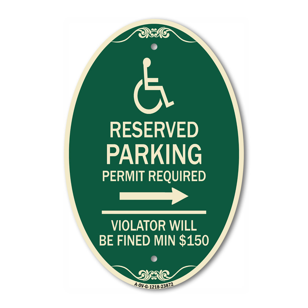 SignMission Designer Oval Sign - Modern Isa Symbol) Connecticut Reserved Parking Permit Required Violators Will Be Fined Min $150 (With Right Arrow)