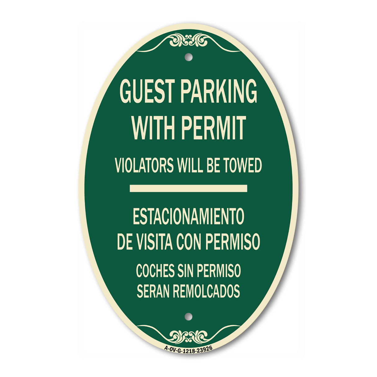 SignMission Designer Oval Sign - Guest Parking with Permit Violators Will Be Towed - Estacionamento De Visita Con Permiso Coches Sin Permiso Seran Remolcados