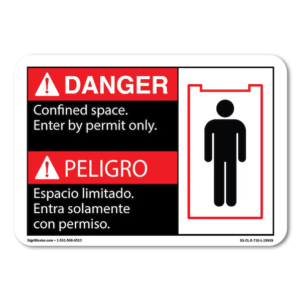 OSHA Confined Space Enter By Permit Only, Bilingual 10in X 7in Rigid Plastic, 7" H, 10" W, Landscape