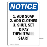 1. Add Soap 2. Add Clothes 3. Shut, Set