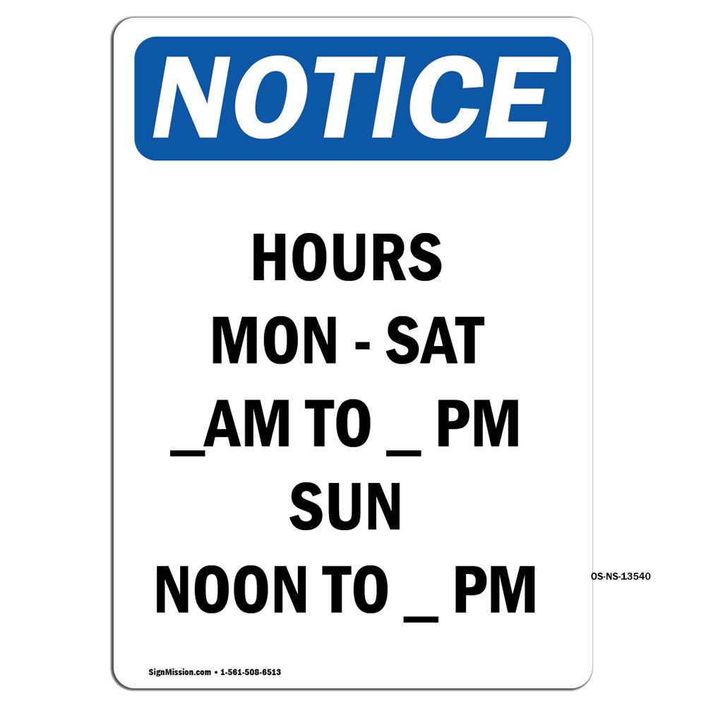 Hours Mon - Sat ____ Am To ____ Pm Sun Noon