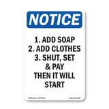 1. Add Soap 2. Add Clothes 3. Shut, Set