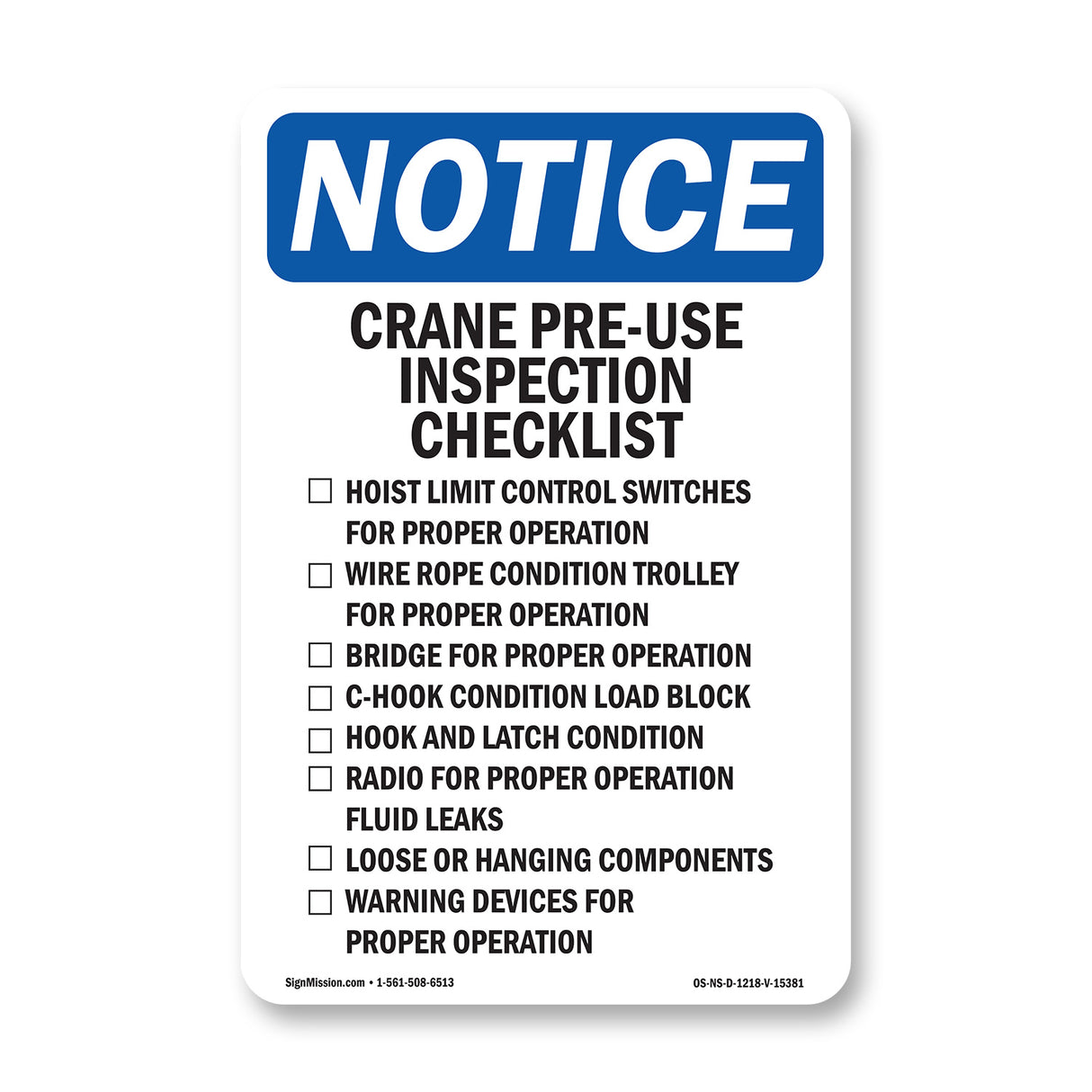 NOTICE Crane Pre-Use Inspection Checklist