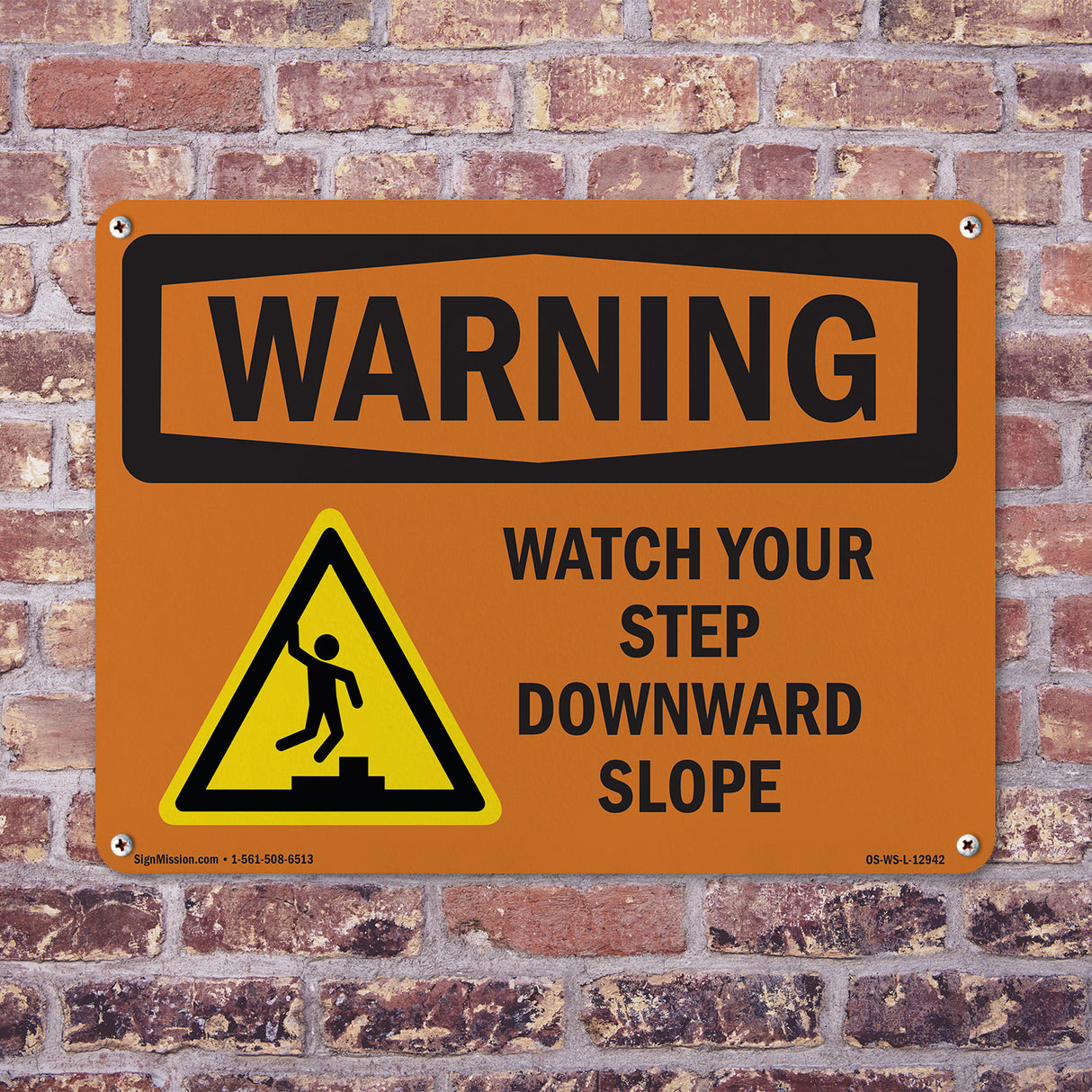 Watch Your Step Downward Slope With Symbol