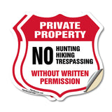 Private Property Shield Sign No Hunting Hiking Trespassing Without Written Permission